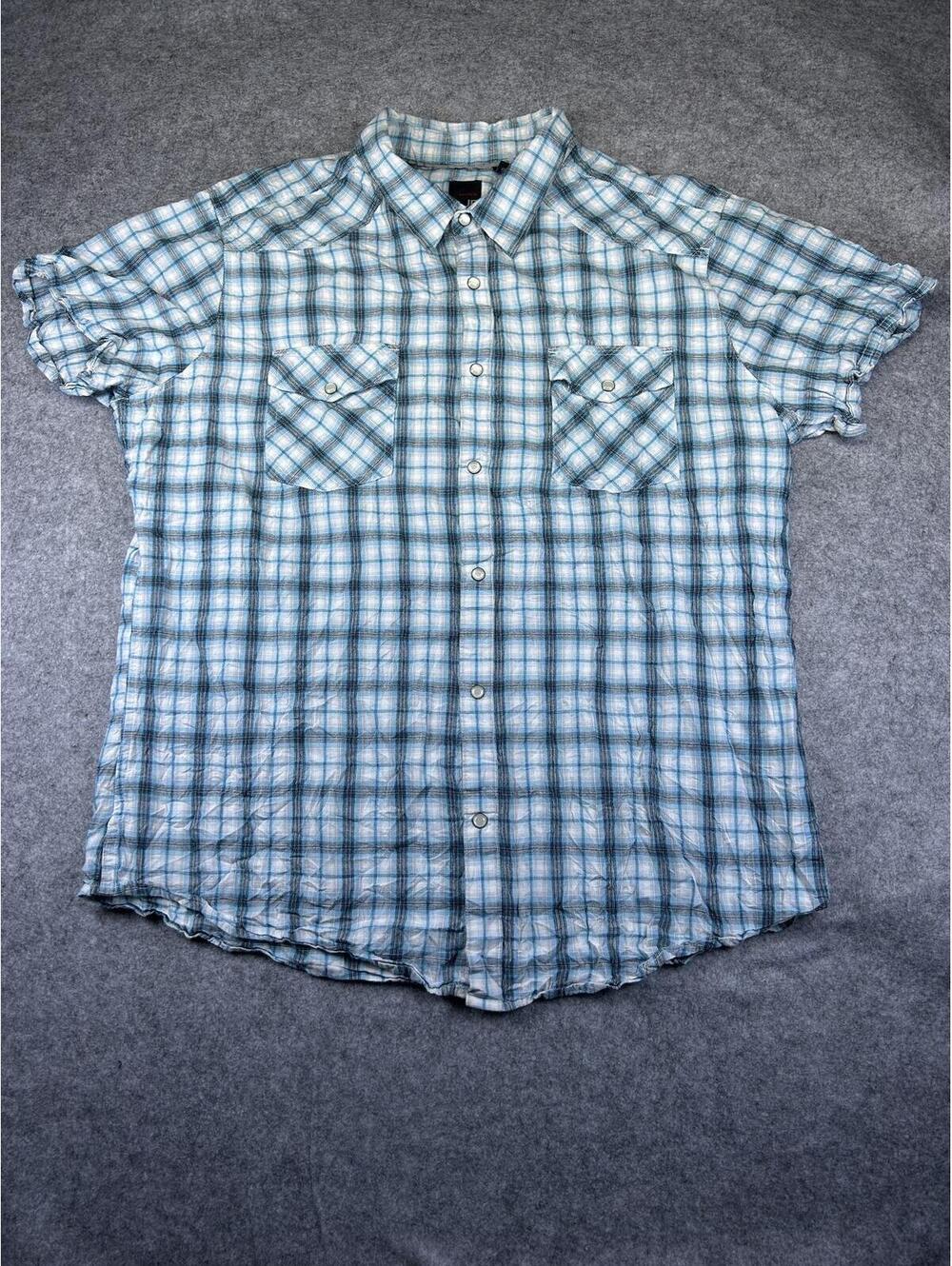 Western Shirt Pearl Snap JFerrar Blue Men's Size XXL Short Sleeve Cowboy Farm